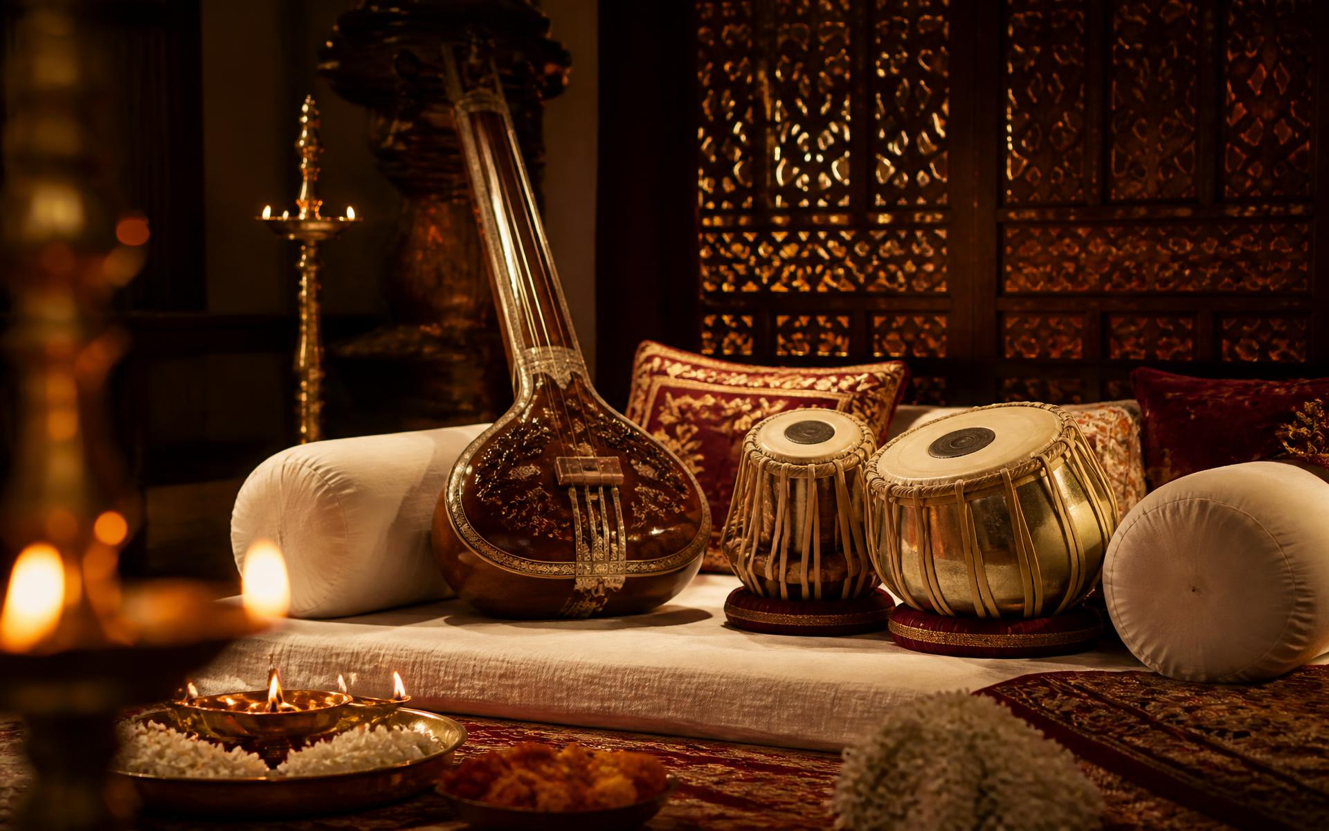 Tanpura, tabla and brass lamps arranged on ivory baithak seating in a warm lamp-lit salon